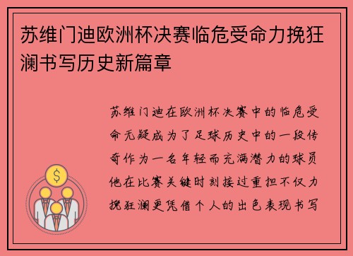 苏维门迪欧洲杯决赛临危受命力挽狂澜书写历史新篇章